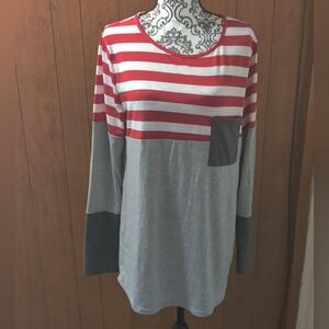 Striped Red & Gray Long Sleeve Pocket Women's Top